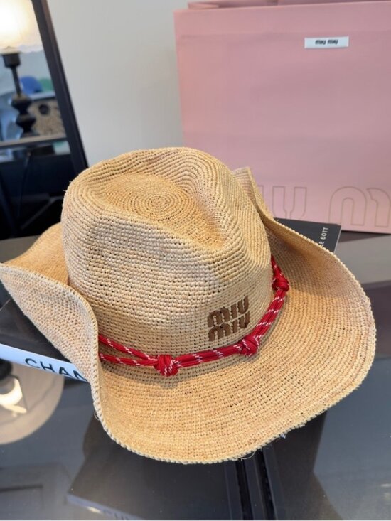 Miu Miu Natural Raffia Straw Western Hat Red Cord Band Embroidered Logo - Picture 8 of 8